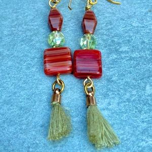 Red Striped Earrings With Tassel
